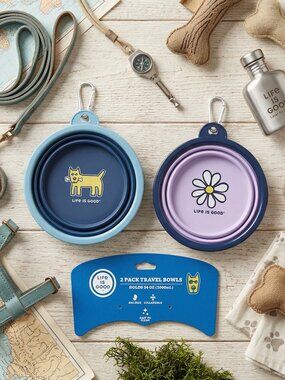 NWT Life is Good 2-Pack Collapsible Travel Pet Bowls - 34oz Blue/Purple